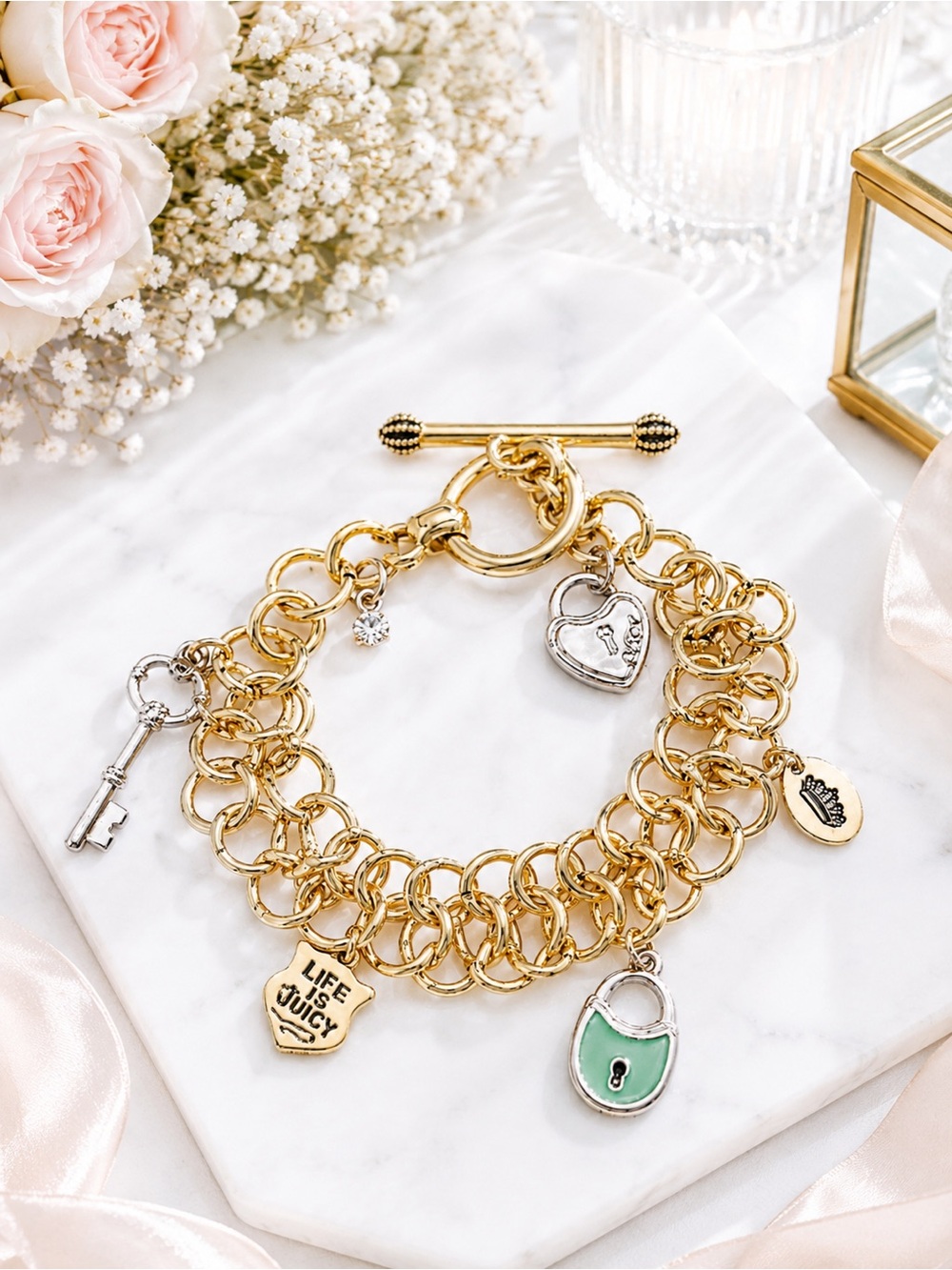 Juicy Couture Gold Charm Bracelet Lock Key Heart Toggle Chain Bracelet NWT